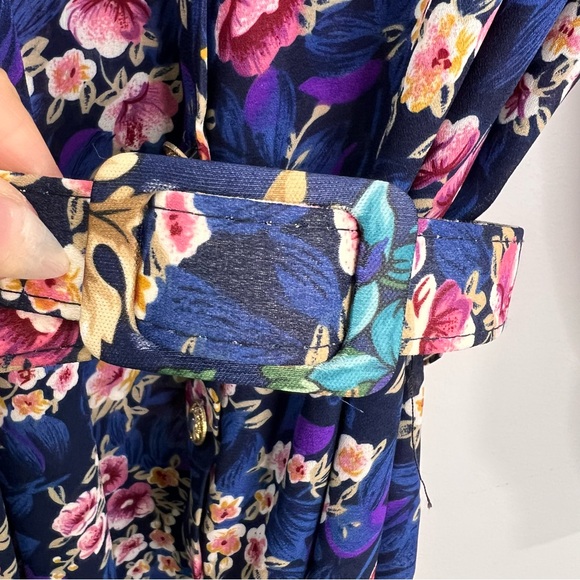 Vintage 80s blue floral chiffon sheer blouson belted long sleeve midi dress - Picture 13 of 17